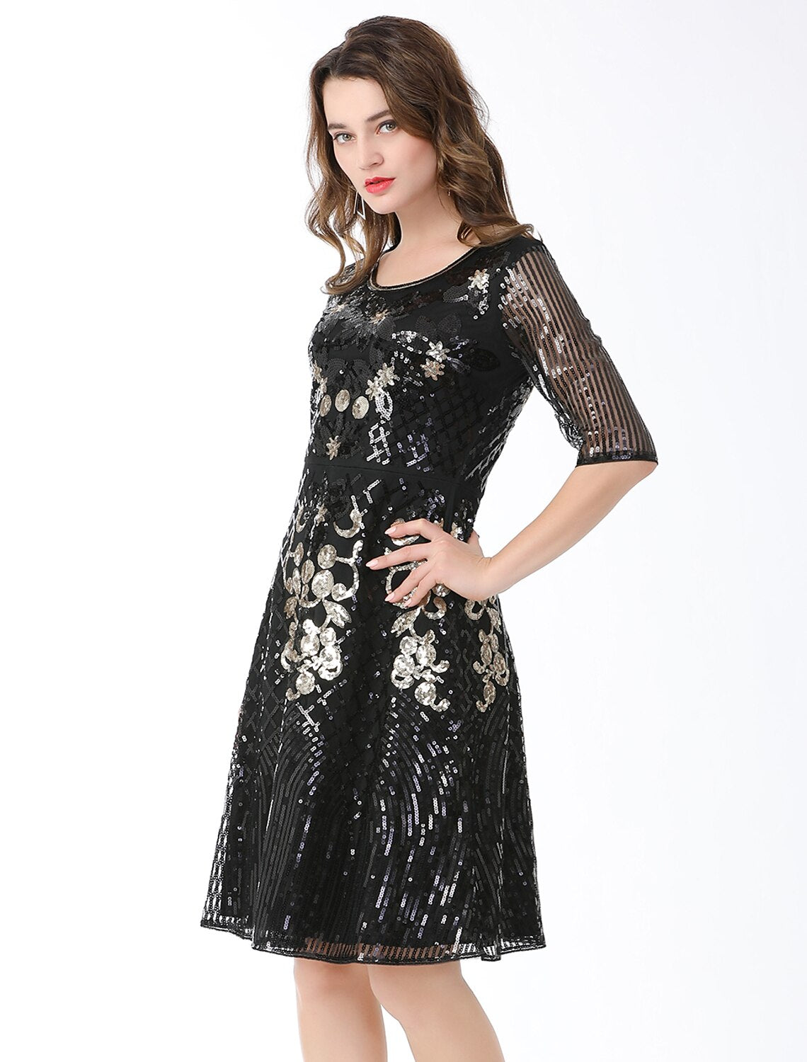 Luolandi A-Line Cocktail Dresses Vintage Dress Holiday Knee Length Half Sleeve Jewel Neck Cotton Blend with Sequin